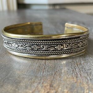 Vintage Silver 925 sterling & gold floral cuff bracelet L-XL